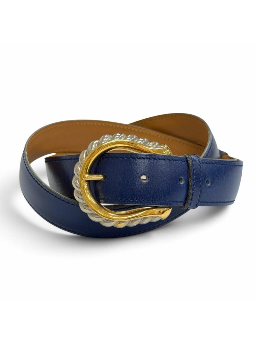 Hermes Vintage Silver Gold Leather Belt Navy Blue 75